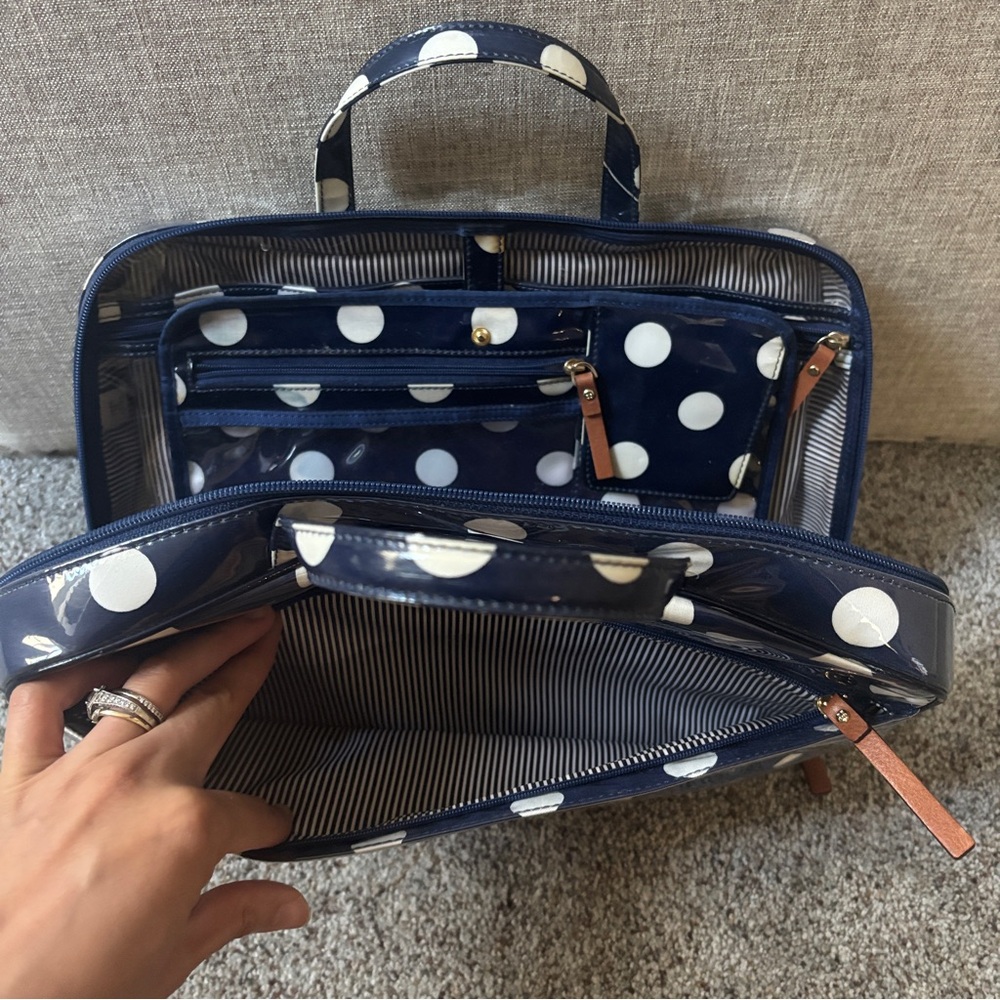 Kate Spade polka dot plastic travel toiletry makeup bag with handles
